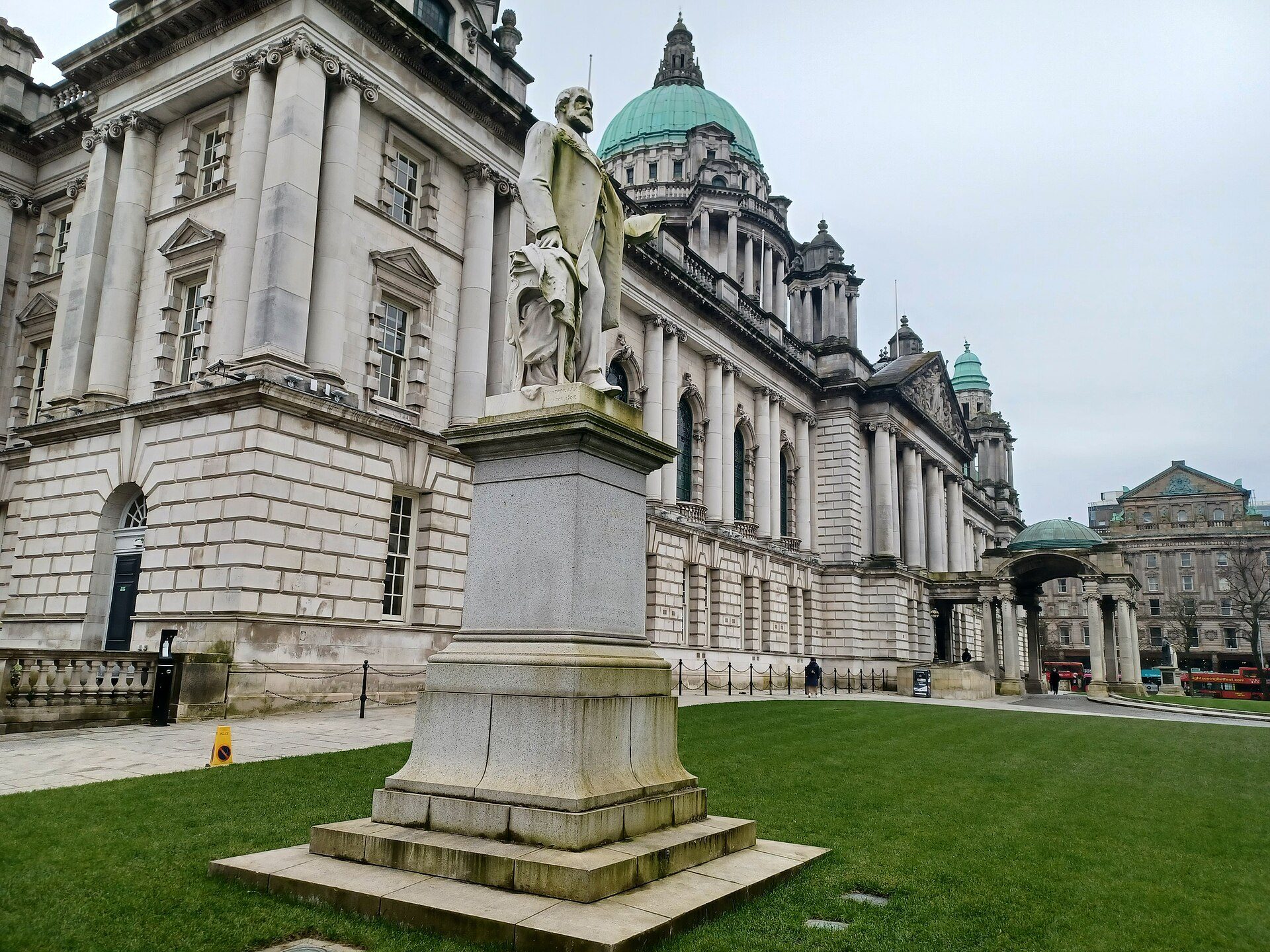 The green dome and colonnade of Belfast City Hall