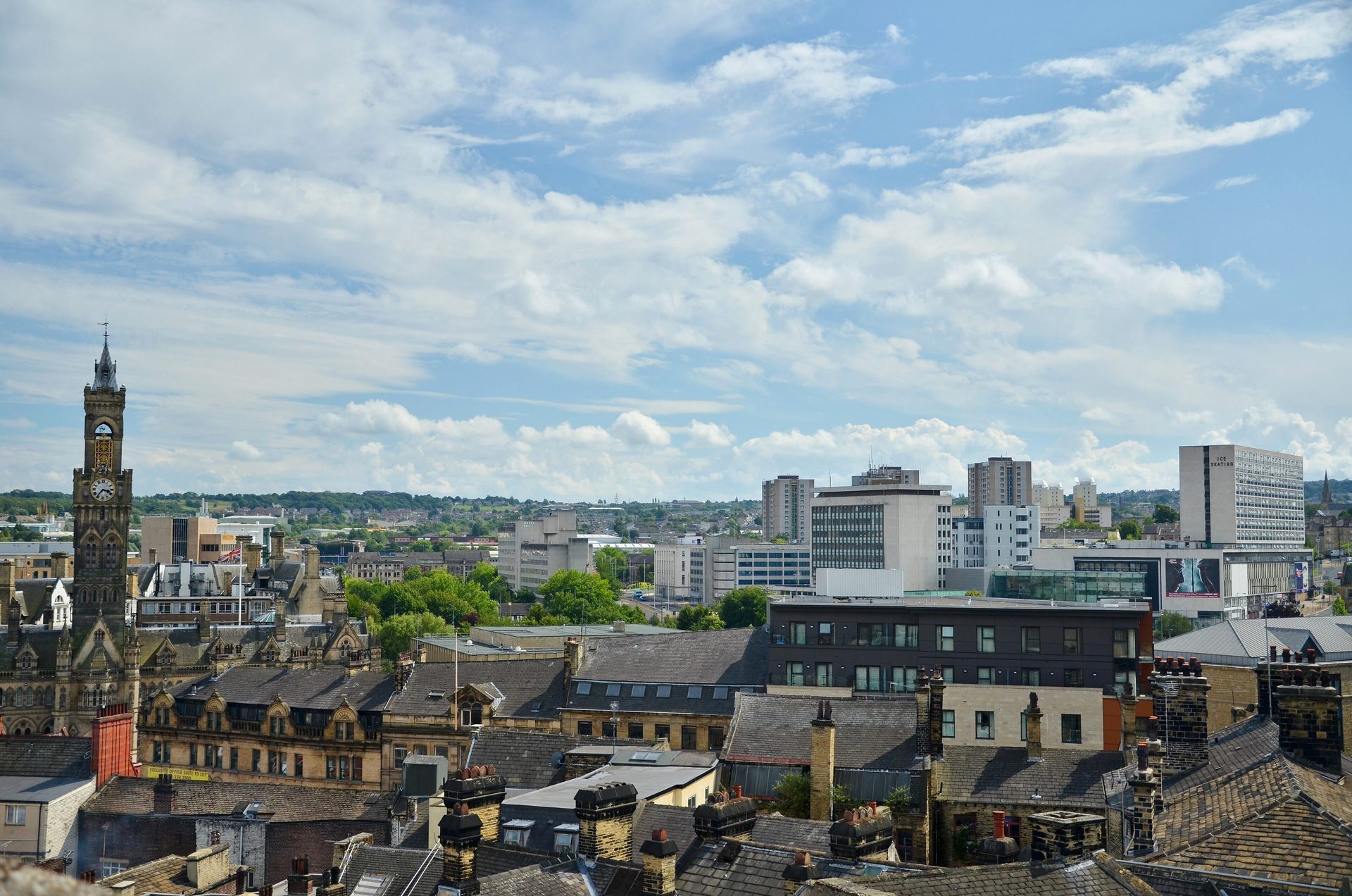 The Bradford skyline, the town hall clock tower among the rooftops