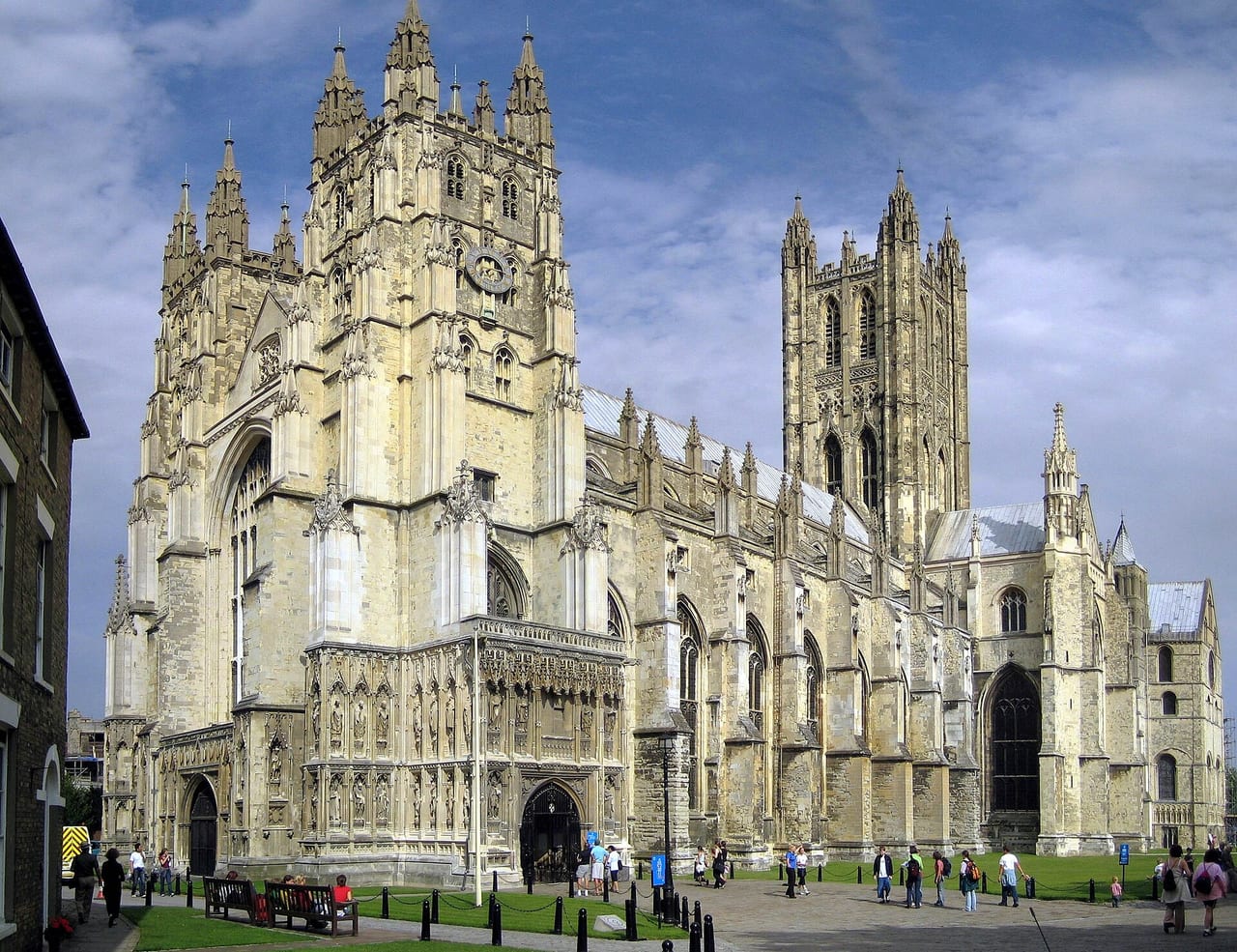 Canterbury Cathedral from the green, its west towers and central tower