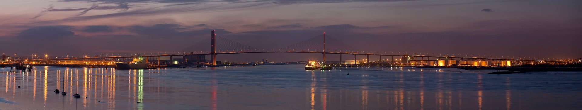 The Queen Elizabeth II Bridge at Dartford, lit at dusk