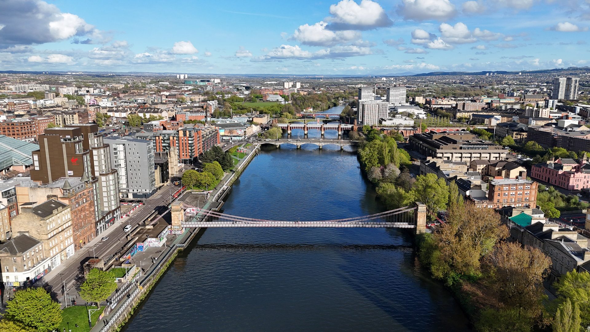 The River Clyde and its bridges through central Glasgow, from the air