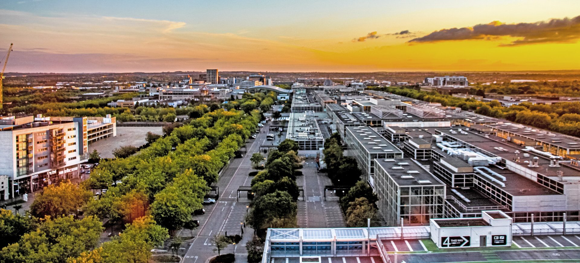 Central Milton Keynes at sunset, seen from above