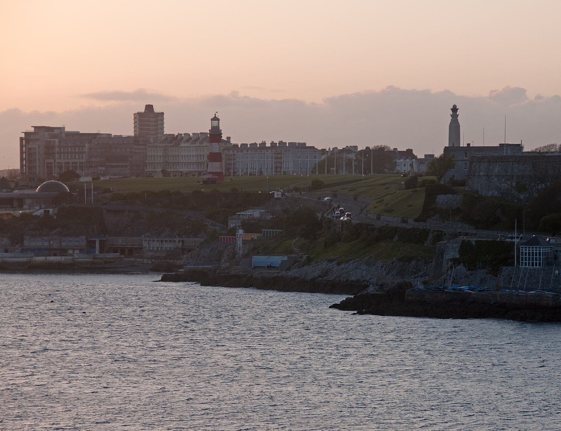 Plymouth Hoe at sunset, seen from the water
