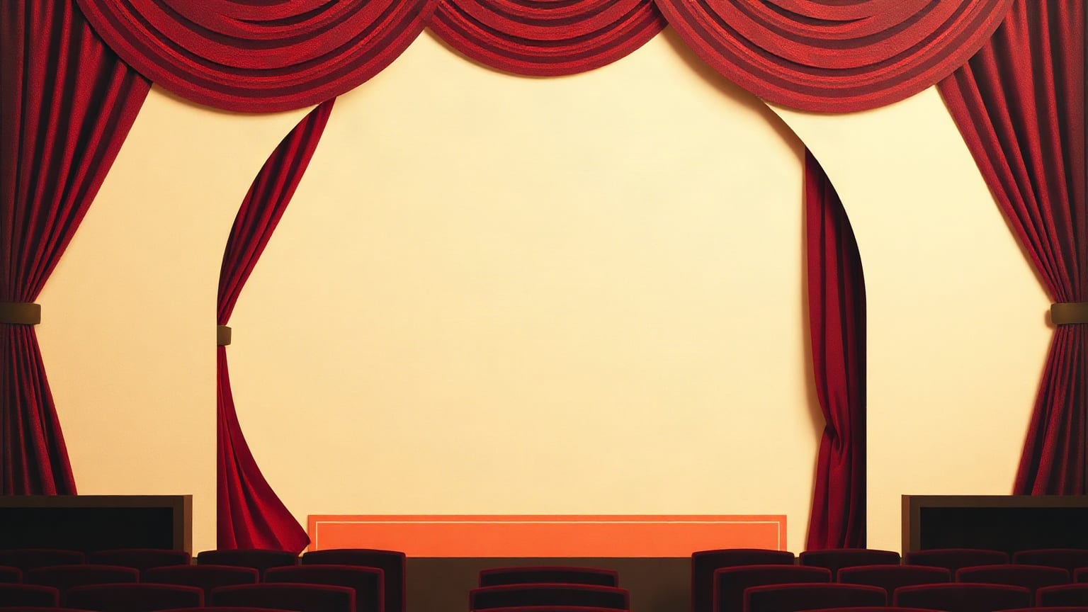 Cut-paper illustration: a proscenium arch with one curtain drawn back.