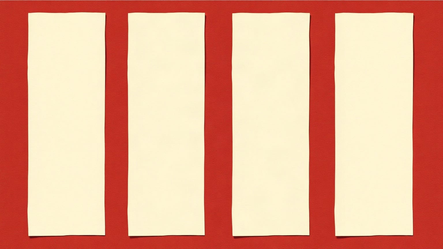 Four crimson paper rectangles of different heights standing in a row on a cream ground, a thin burgundy band beneath them