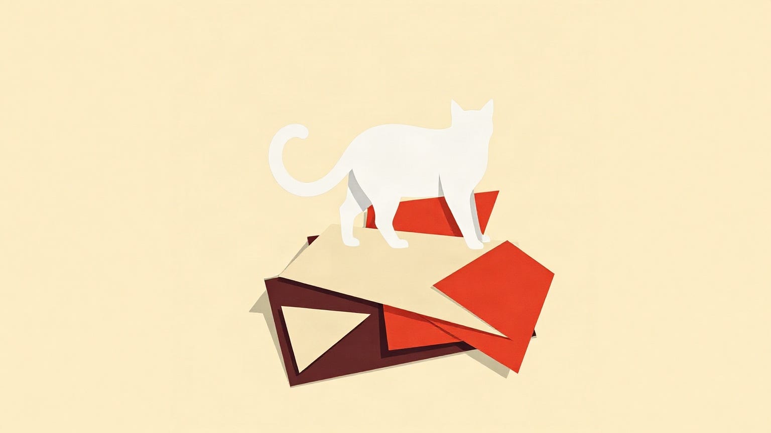 Cut-paper illustration: a curled cat silhouette on a stack of angular junkyard shapes.