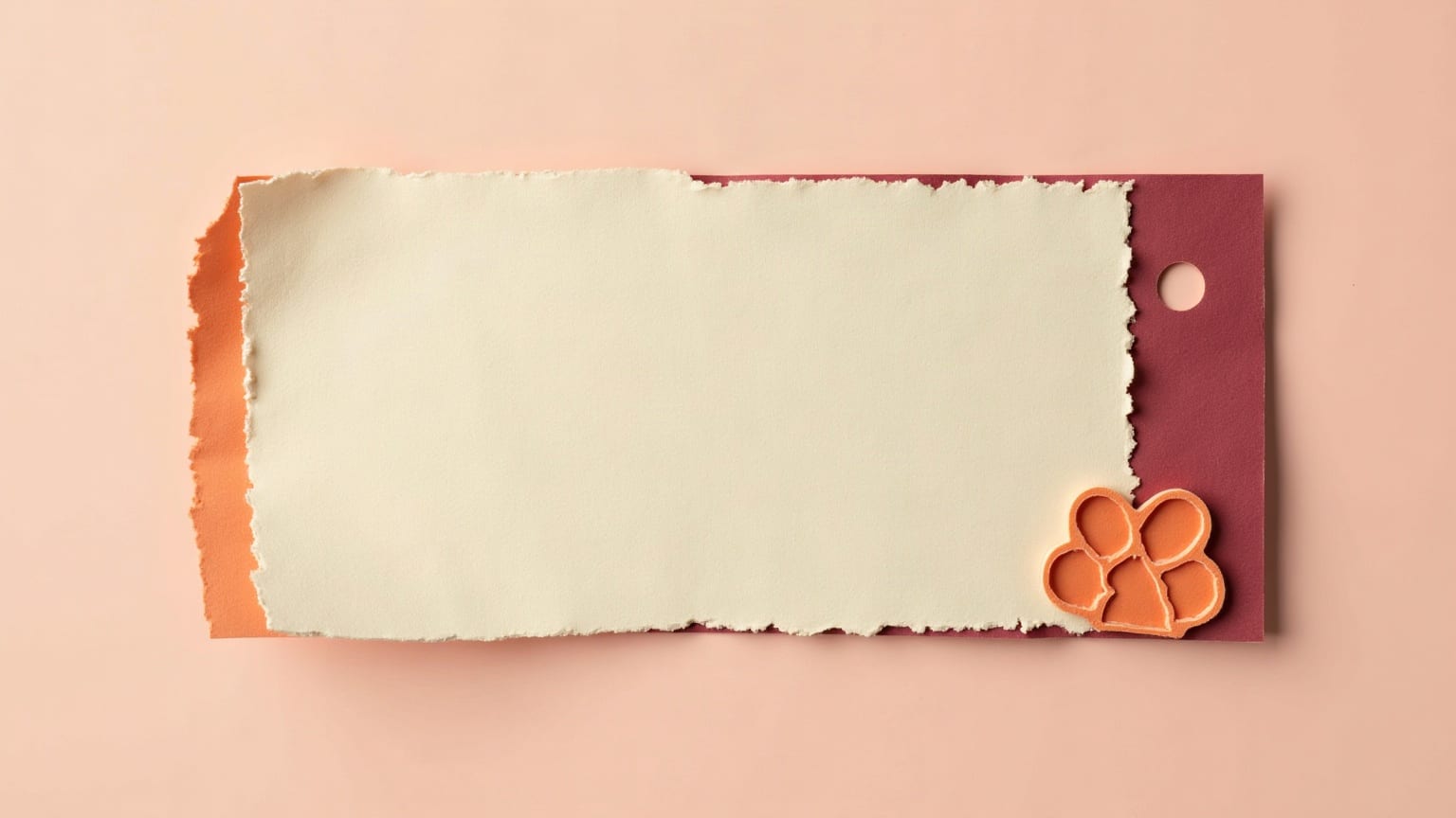 Cut-paper illustration: a single torn paper stub with a perforated edge and one paw-shaped punch hole.