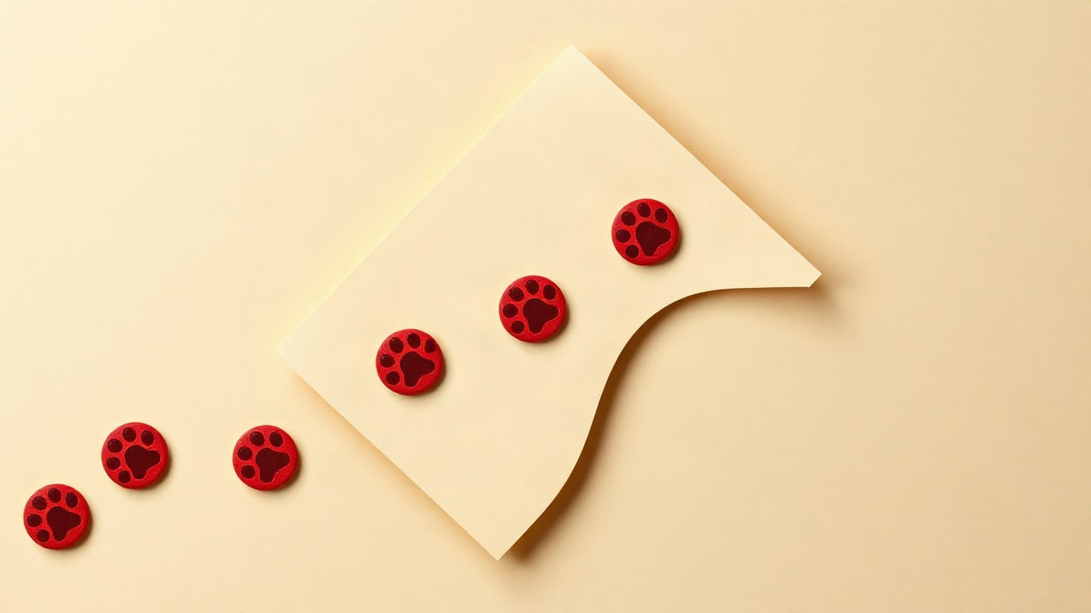 Cut-paper illustration: a trail of paw-print discs crossing a folded island shape.