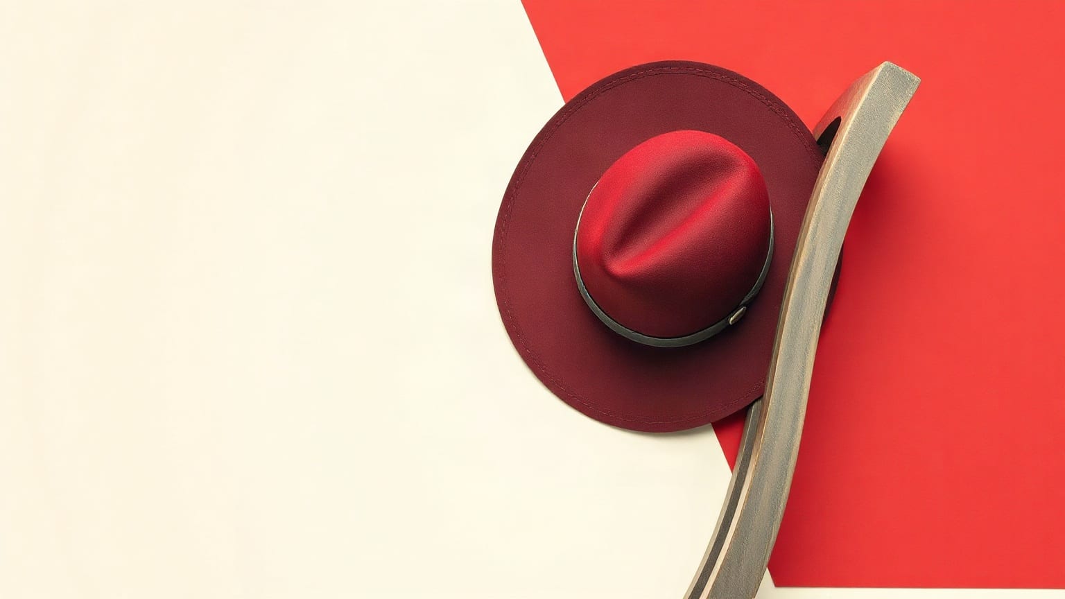 Cut-paper illustration: a tilted fedora hat resting on a bentwood chair.