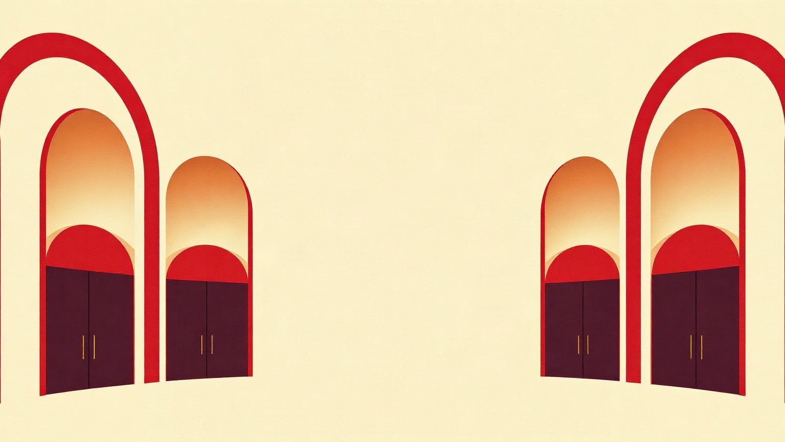 Cut-paper illustration: a receding row of layered arched theatre fronts.