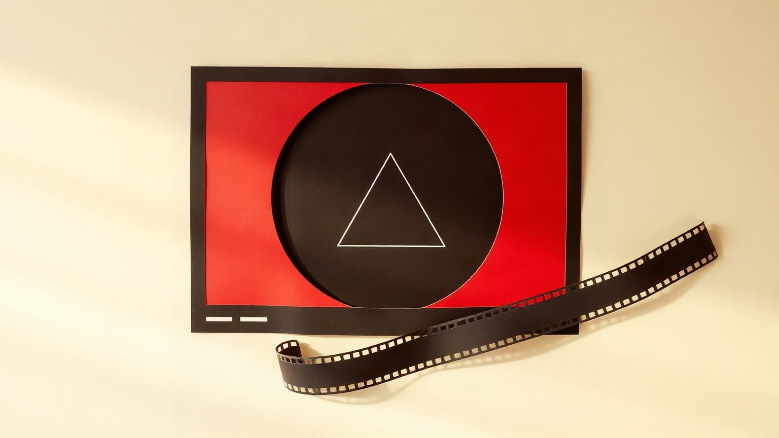 Cut-paper illustration: a rounded screen with a play triangle and a strip of film sprockets.