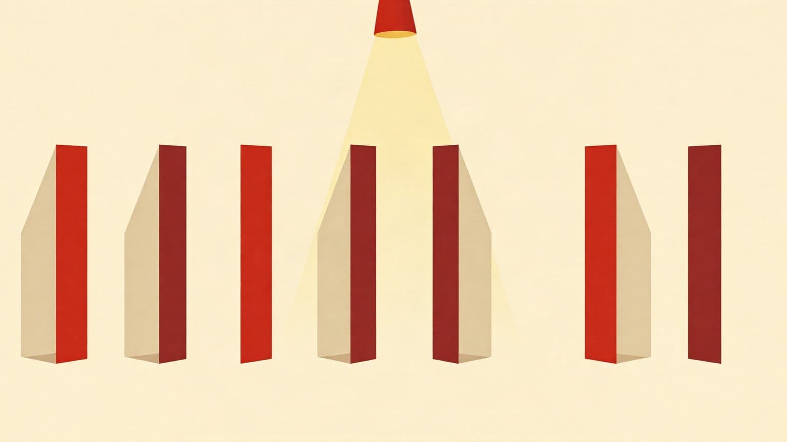 Cut-paper illustration: a row of vertical bars rising and falling under a single spotlight cone.