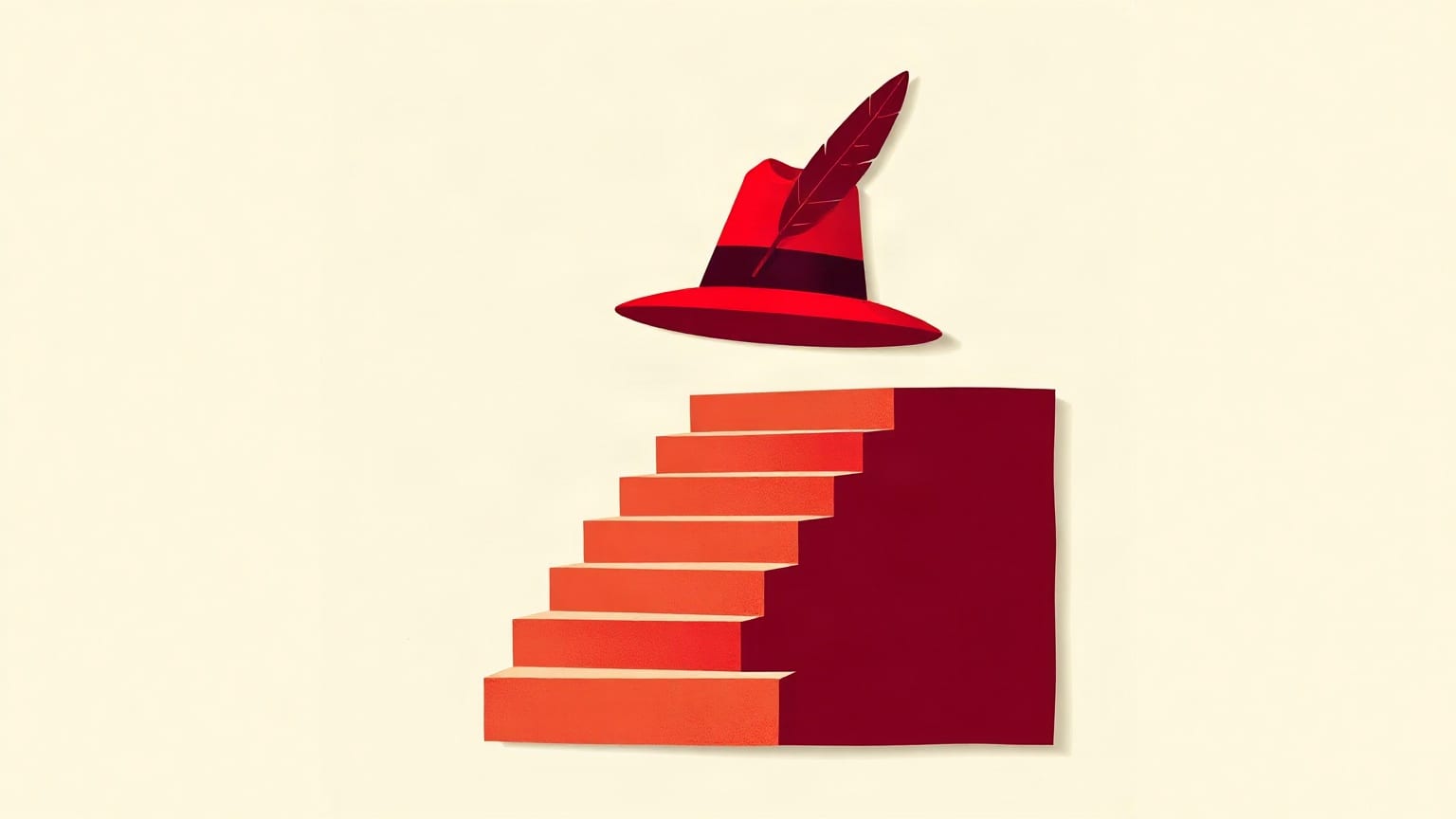 Cut-paper illustration: a wide-brimmed hat with a tall feather above a descending flight of steps.