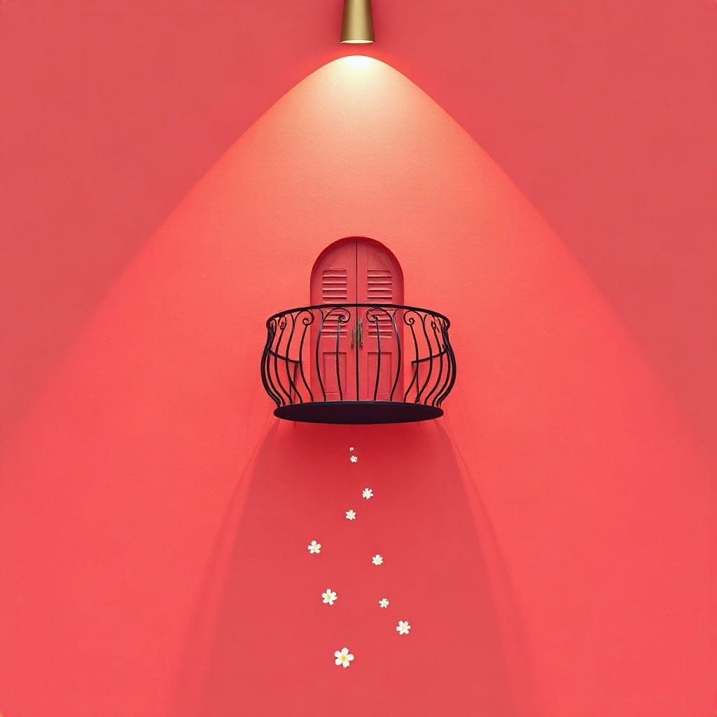 Cut-paper illustration: a small curved iron balcony against a crimson ground, lit by a single cone of light, with petals falling beneath it.