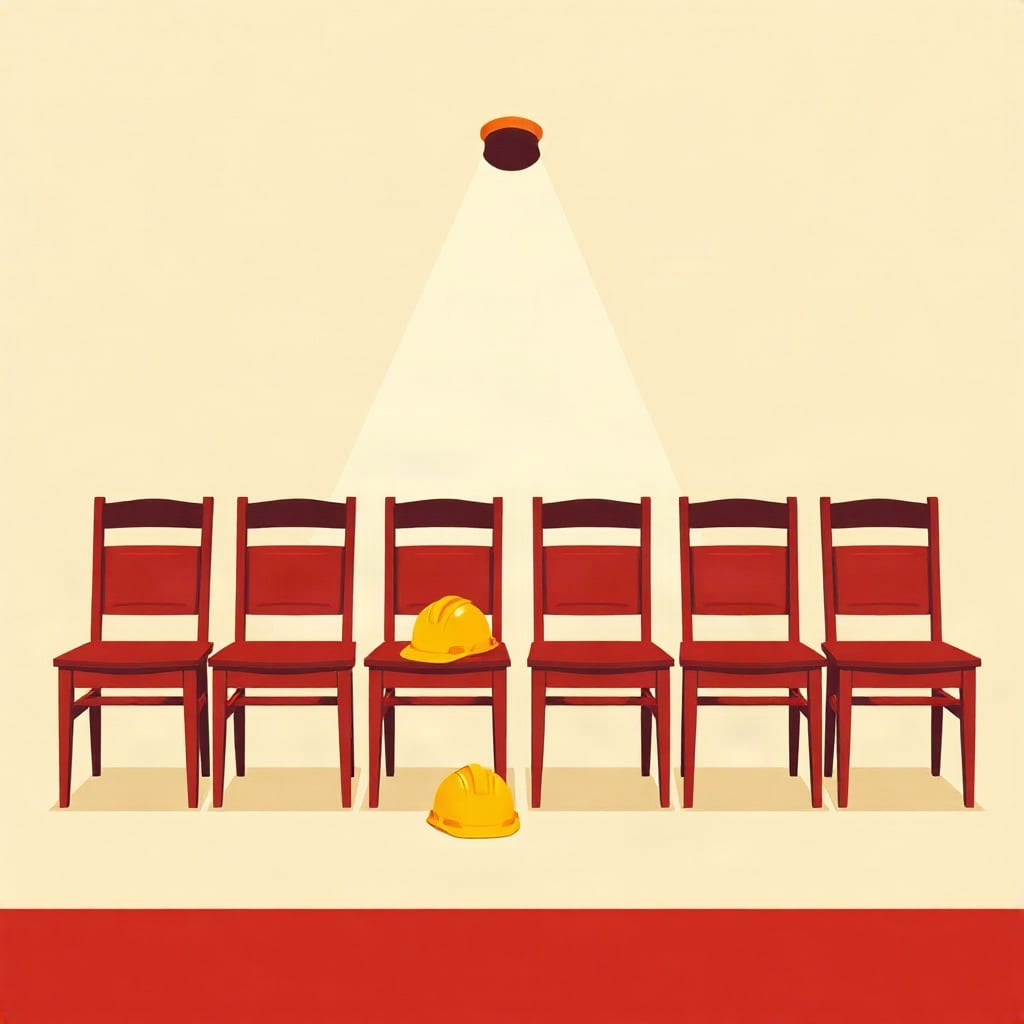 Cut-paper illustration: a row of empty wooden chairs under a single spotlight, with a hard hat on one seat.