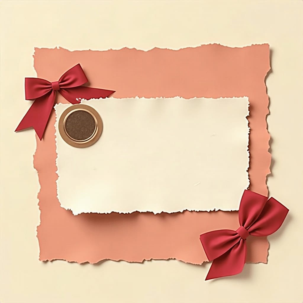 Cut-paper illustration: a blank torn paper stub on a pink ground, with two red ribbon bows and a round brass eyelet.