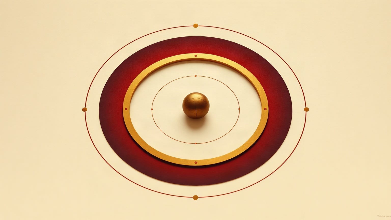 Cut-paper illustration: the concentric rings of an orrery around one small brass sphere.