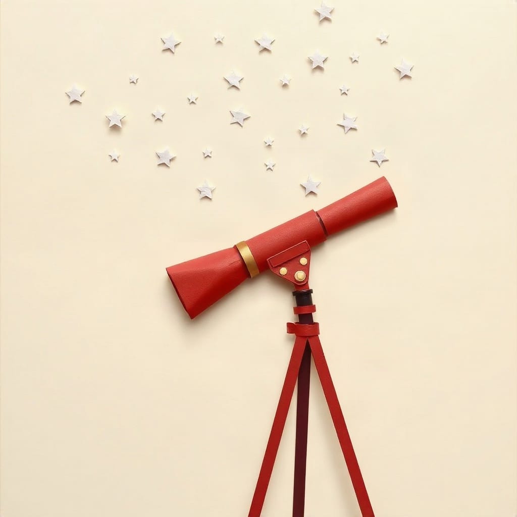 A cream paper telescope on a dusk blue ground pointed at a cluster of small white paper stars