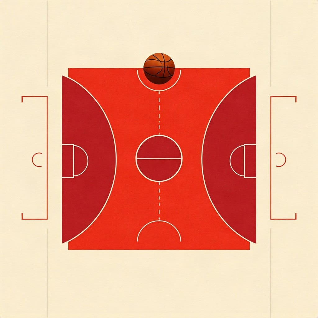 A red paper basketball court seen from above on a cream ground, a basketball at the top edge of the court