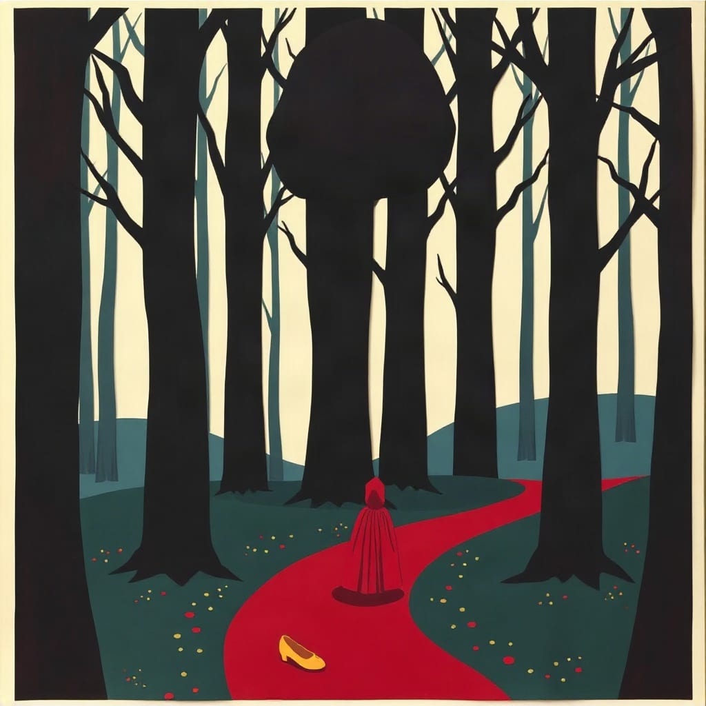 Cut-paper illustration: a dark forest of tall trunks, a small red-hooded figure on a winding red path and a single golden slipper.