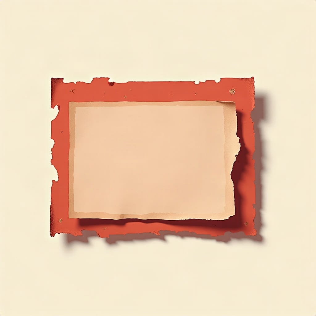Cut-paper illustration: a blank torn paper stub set inside a torn red paper frame.