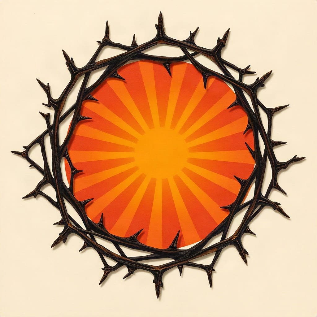 Cut-paper illustration: a ring of thorny branches around a burst of golden stage light.