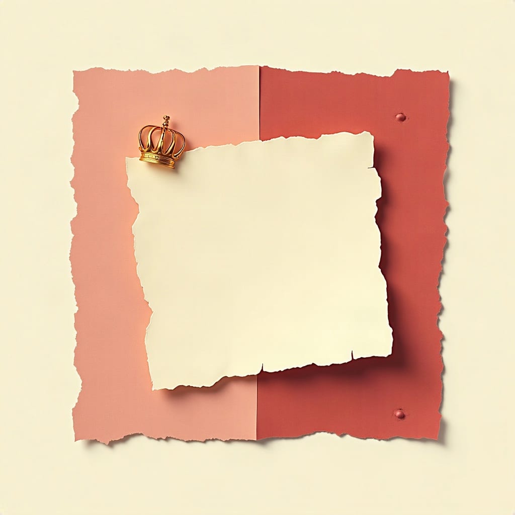 Cut-paper illustration: a single torn paper stub with a small crown shape punched near one end.