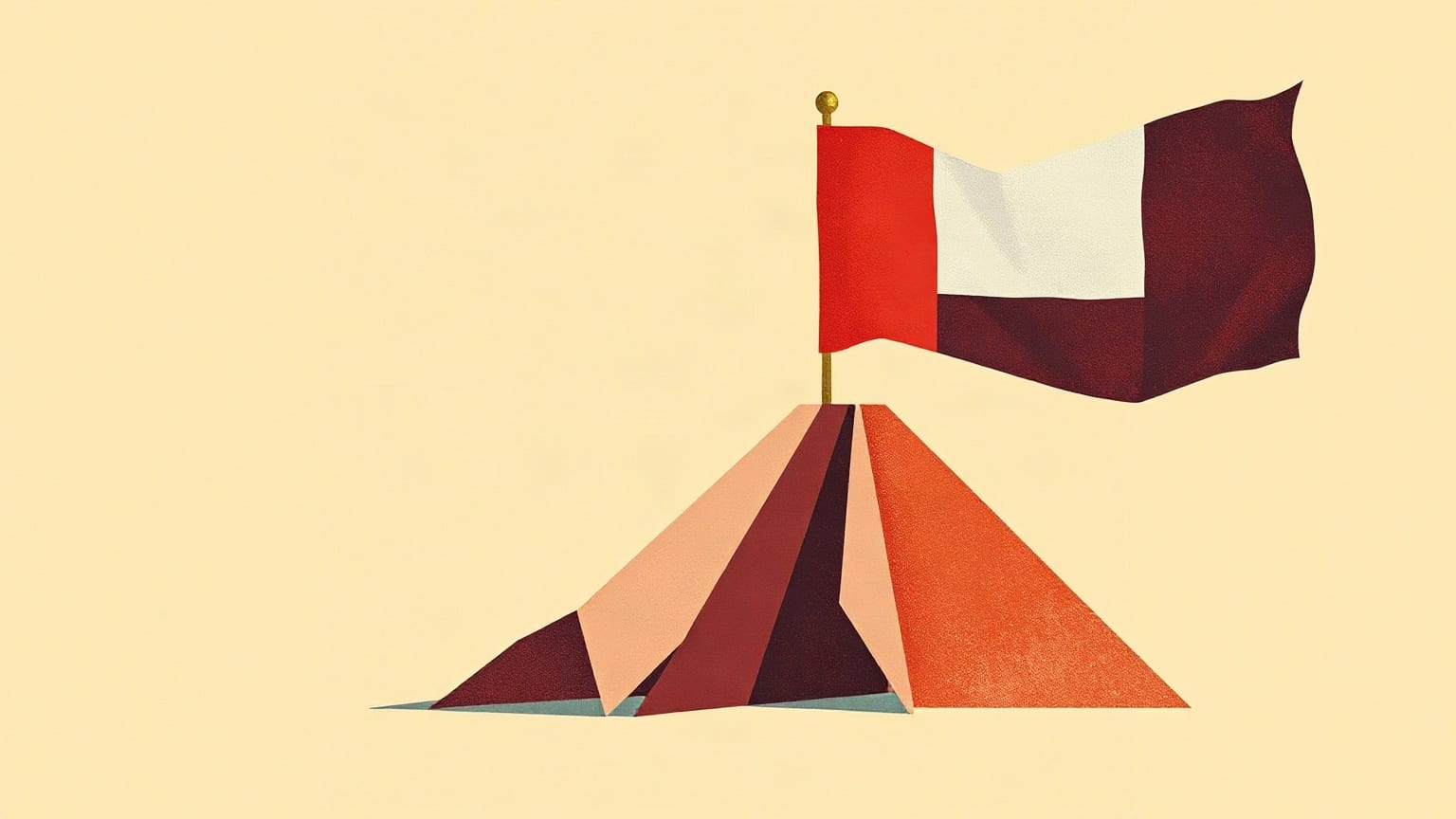 Cut-paper illustration: a torn tricolour flag rising from a stack of angular barricade shapes.