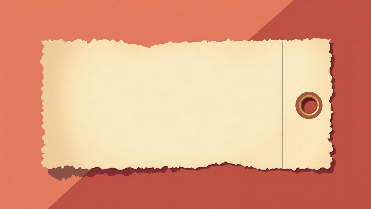 Cut-paper illustration: a single torn paper stub on a red ground, with a round eyelet punched near one end.