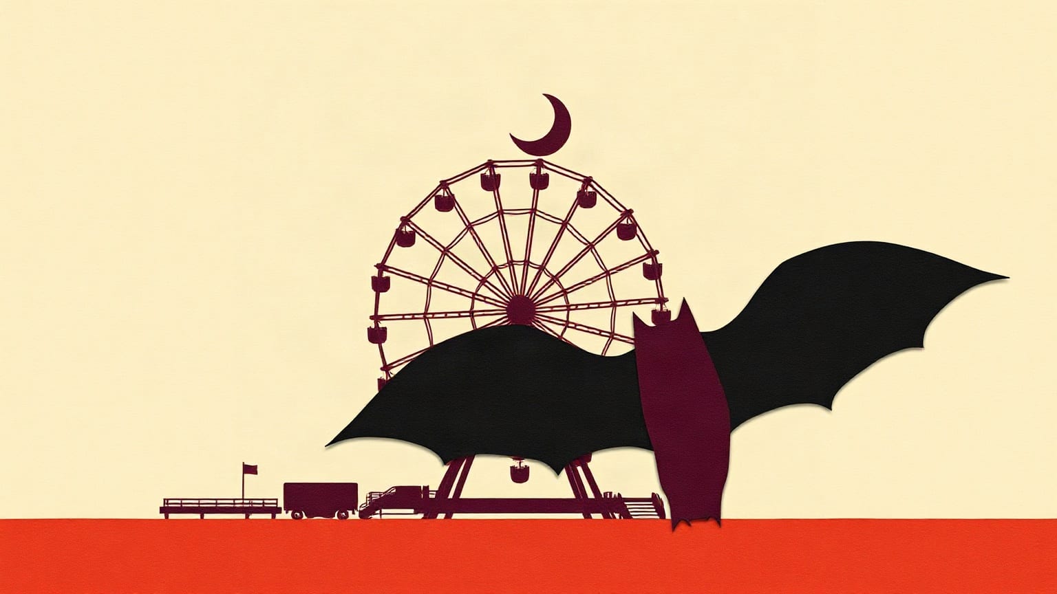 Cut-paper illustration: a boardwalk ferris wheel silhouette under a crescent moon, a bat shape crossing it.