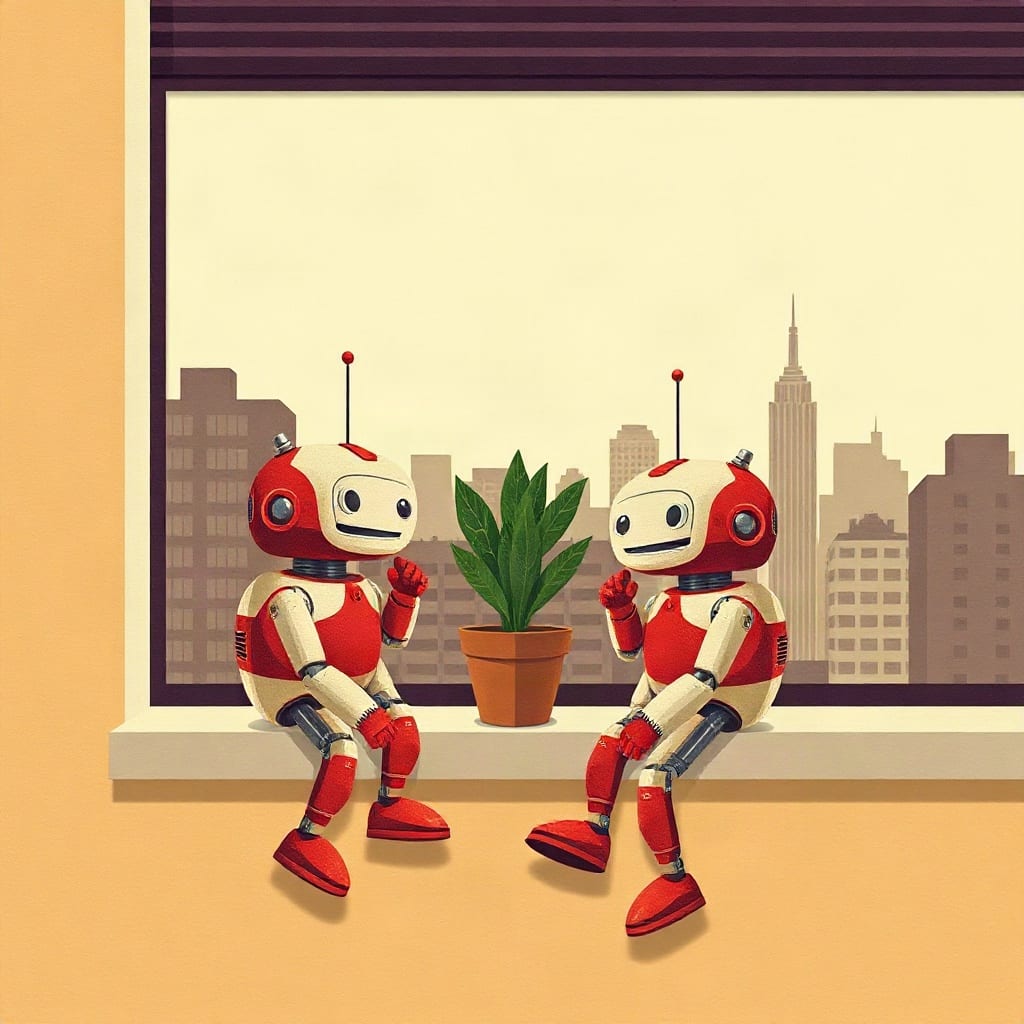 Cut-paper illustration: two small round robots side by side on a windowsill, a potted plant between them and a city beyond.