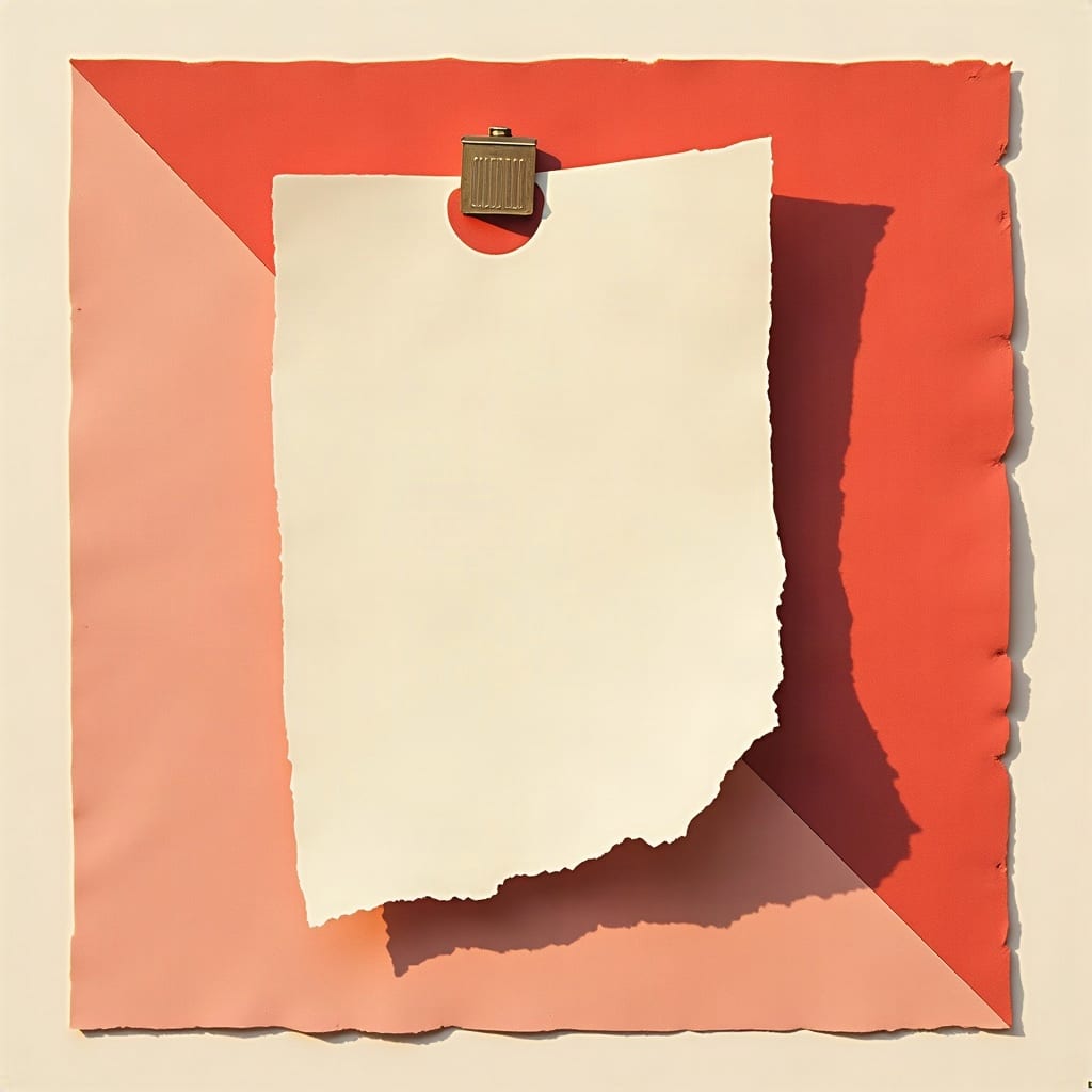 Cut-paper illustration: a single torn paper stub held by a small brass clip at one end.