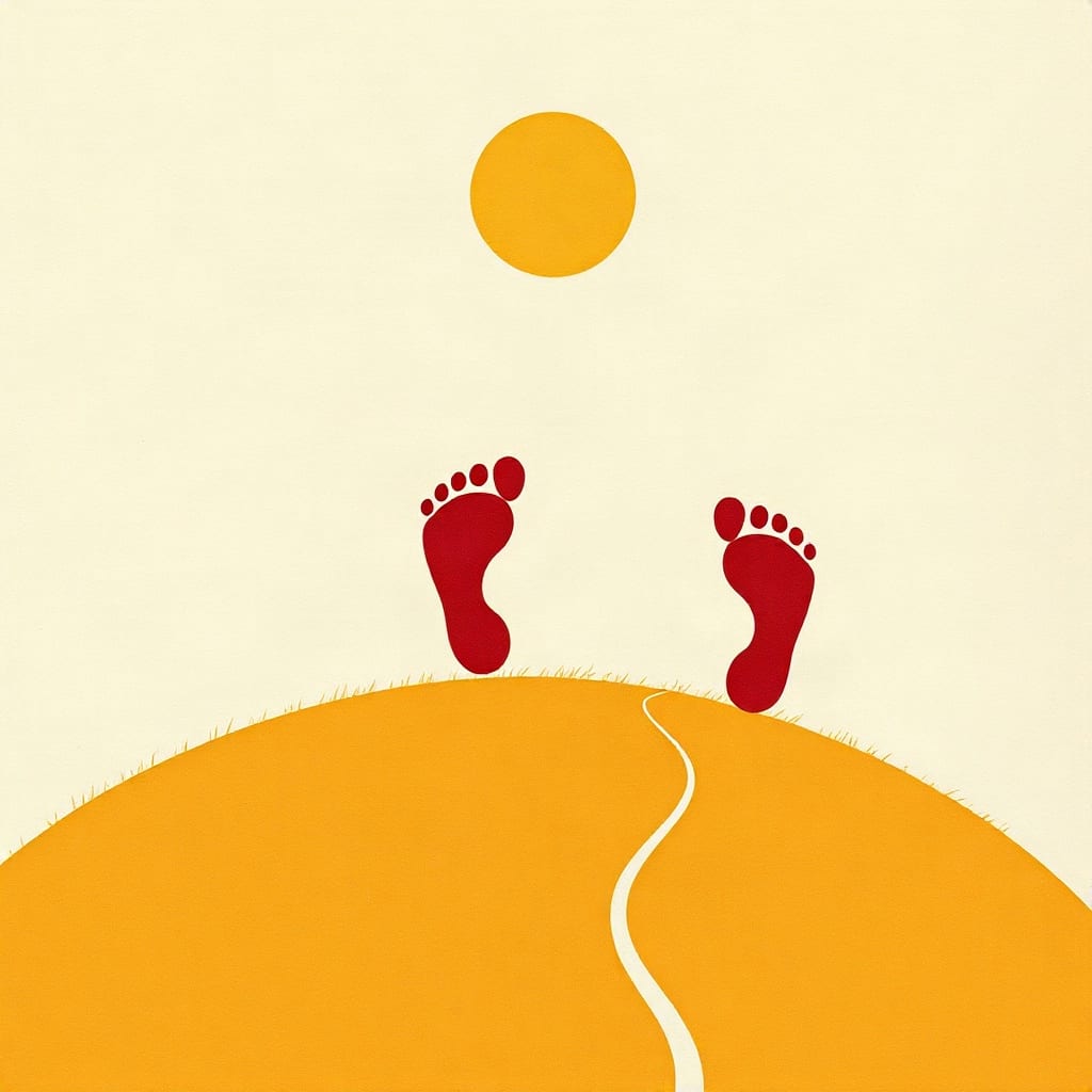 Cut-paper illustration: two footprints side by side on the crest of a golden hill, under a round summer sun.