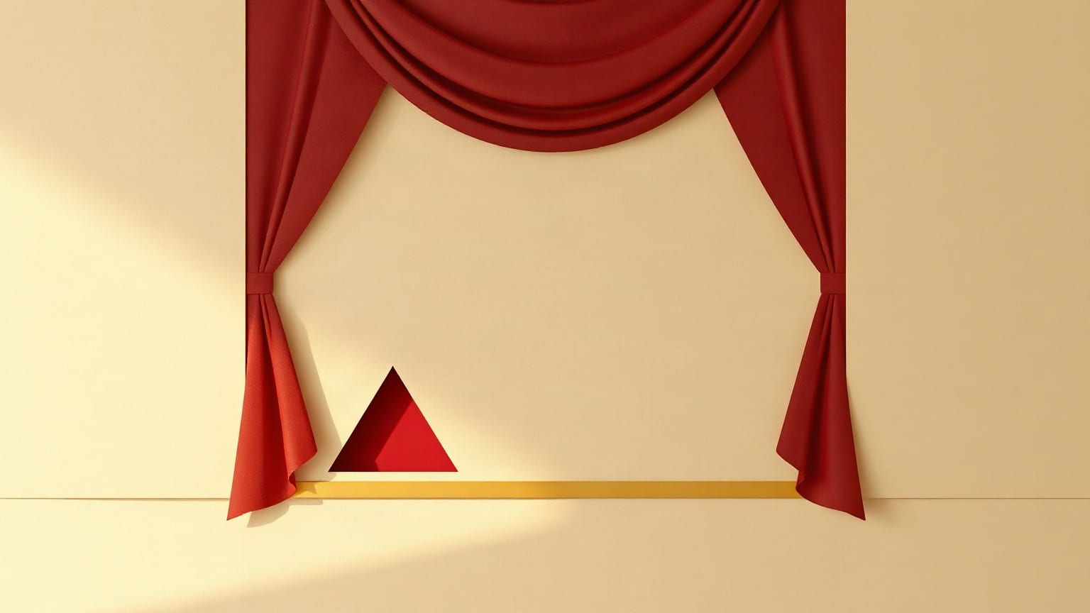 Cut-paper illustration: a rounded screen with a play triangle and a curtain fold behind it.
