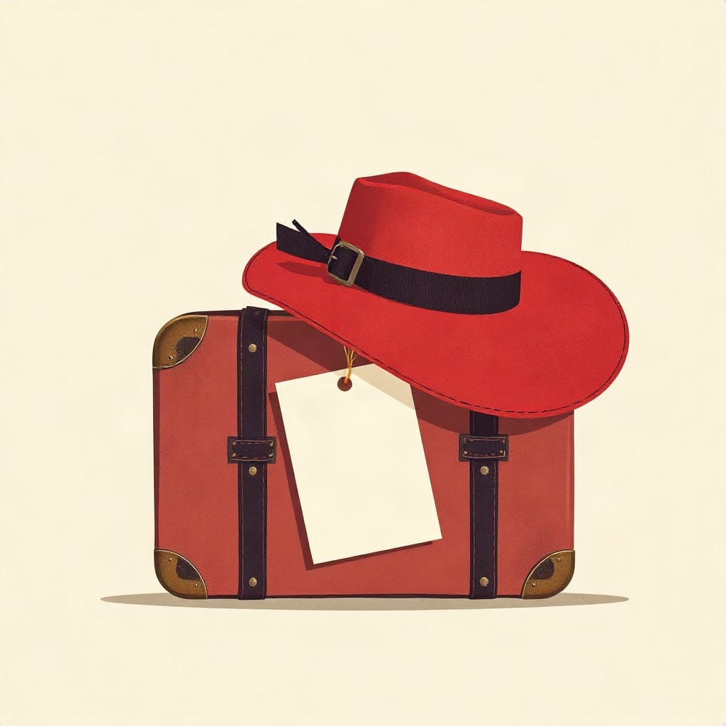 Cut-paper illustration: a battered suitcase with a blank luggage label, and a red hat resting on top.