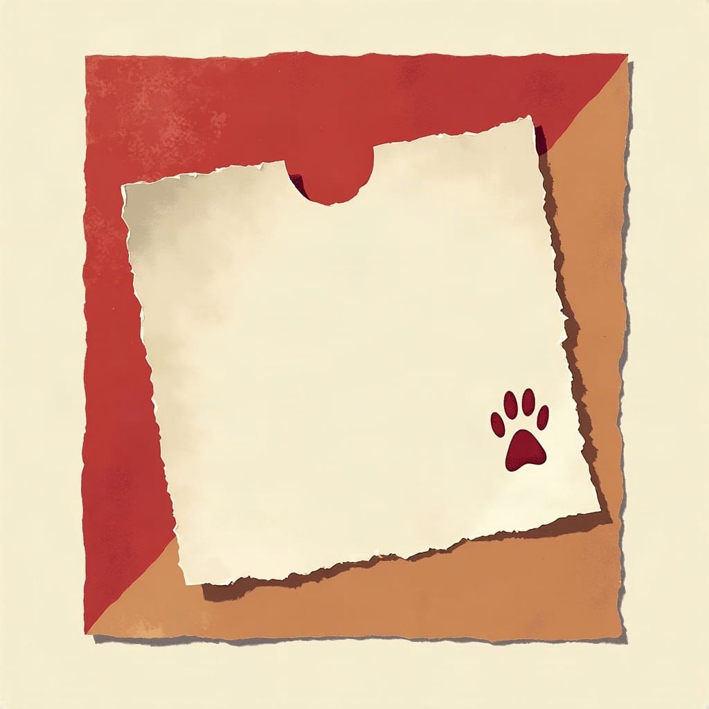 Cut-paper illustration: a single torn paper stub with a small paw print punched near one end.