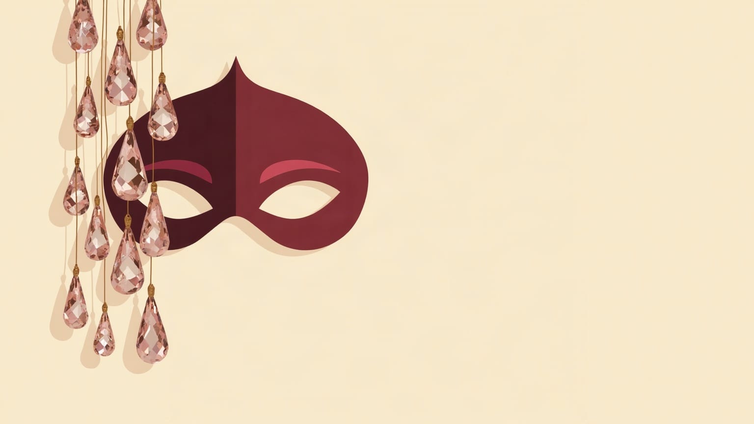Cut-paper illustration: a half-mask shape beside a hanging cluster of faceted glass drops.