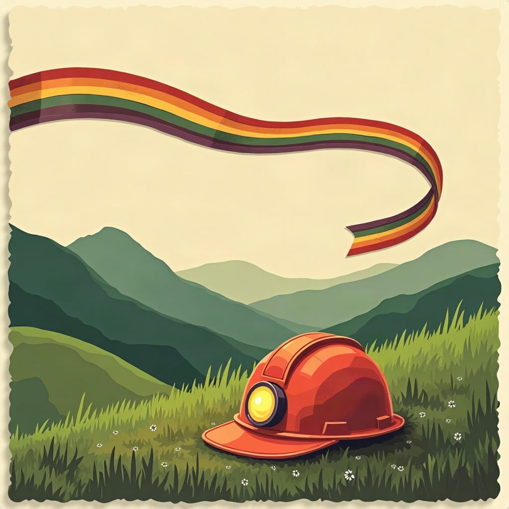 Cut-paper illustration: a miner's helmet with a glowing lamp on the grass, and a rainbow-striped paper ribbon streaming over green hills.
