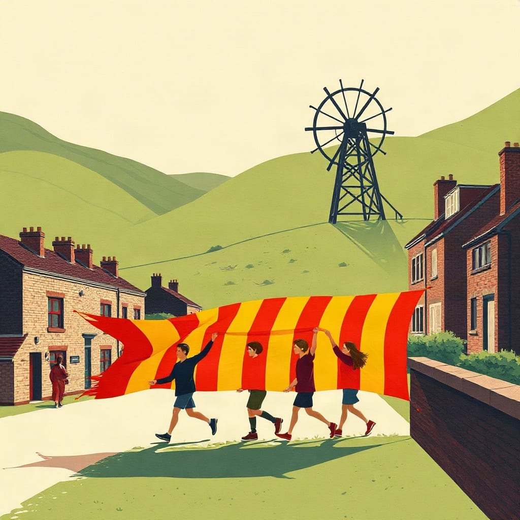 A row of small marchers carrying a long red-and-yellow striped banner up a street of terraced houses, a colliery winding wheel on the green hill behind