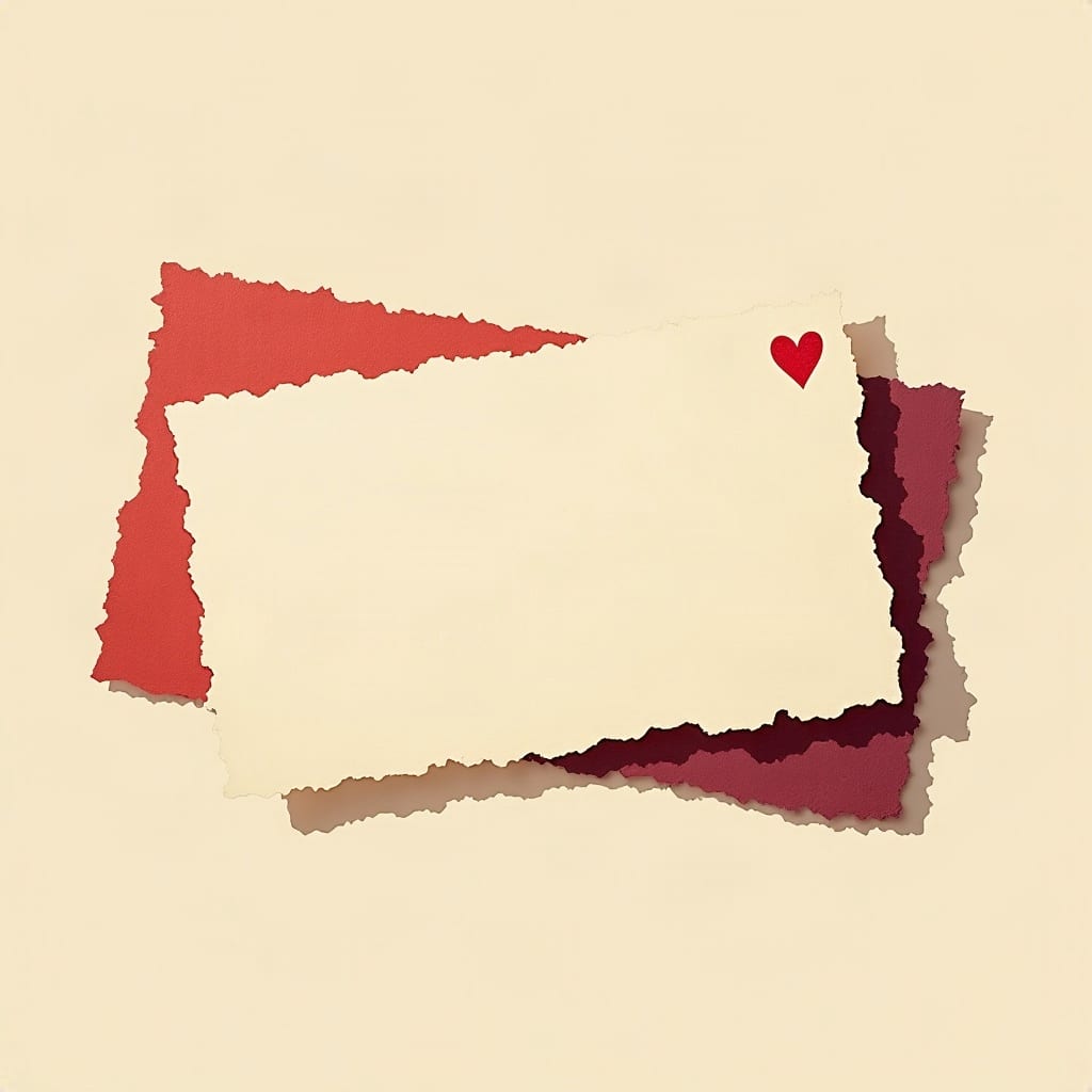 Cut-paper illustration: a single torn paper stub with a small heart shape punched near one end.