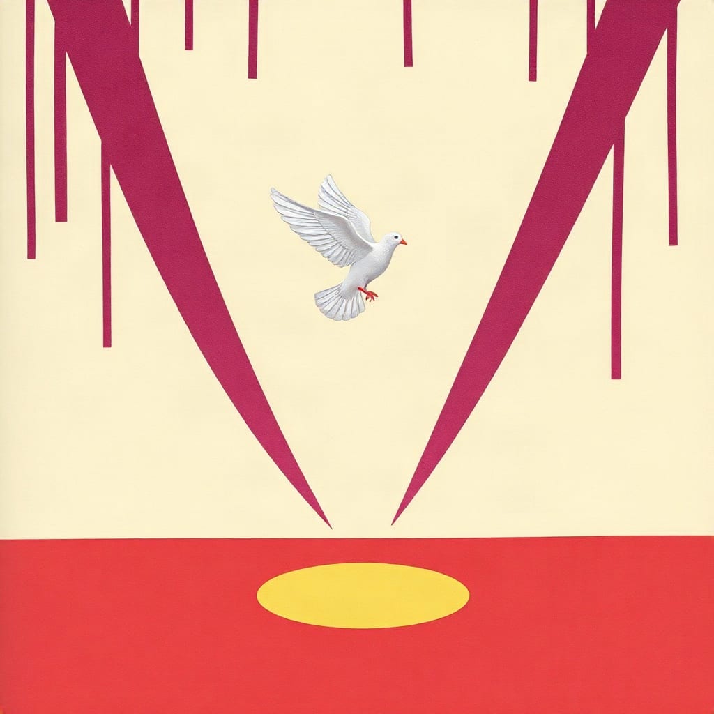 Cut-paper illustration: a white dove between sweeping purple streaks, above a pool of stage light on a red floor.