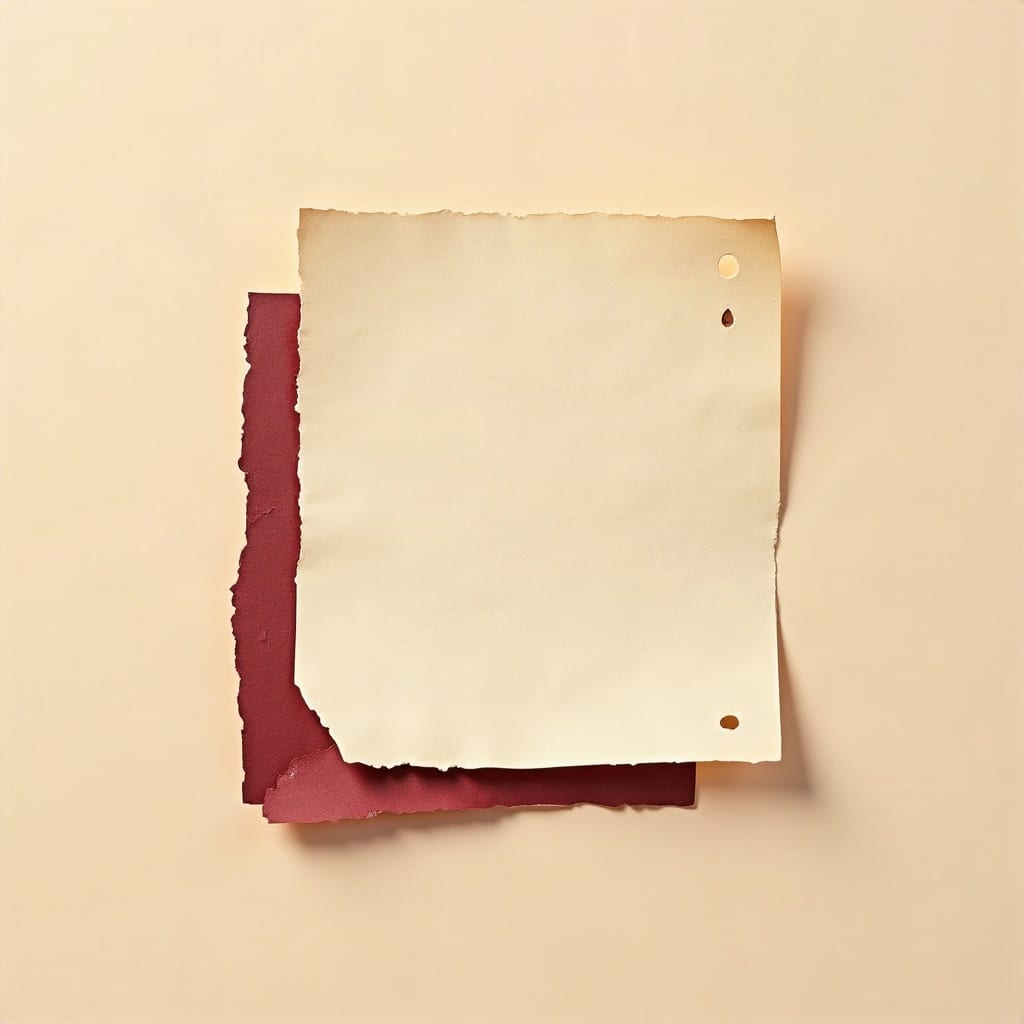 Cut-paper illustration: a single torn paper stub with a small raindrop-shaped hole near one corner.