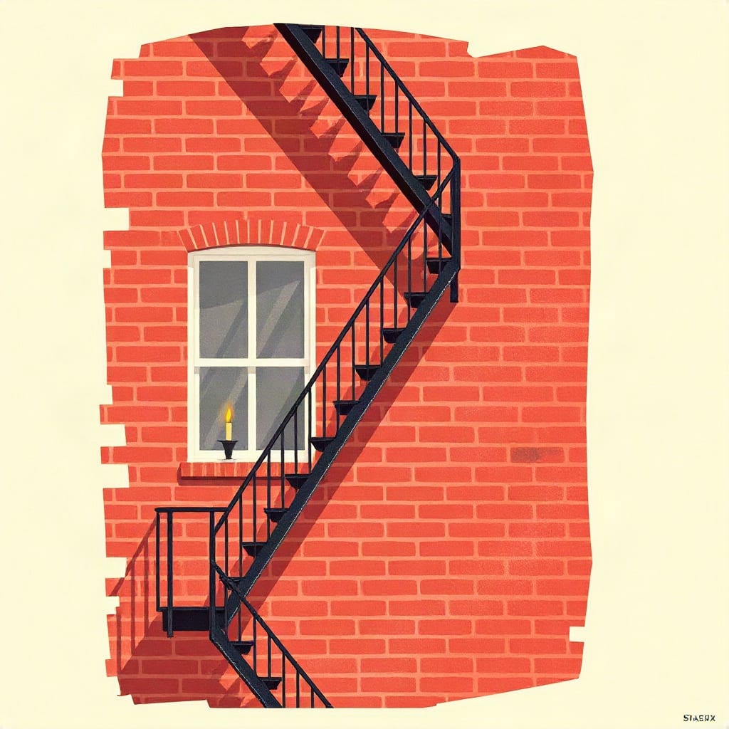 Cut-paper illustration: a zigzag fire escape on a brick tenement, with a single candle burning on a windowsill.
