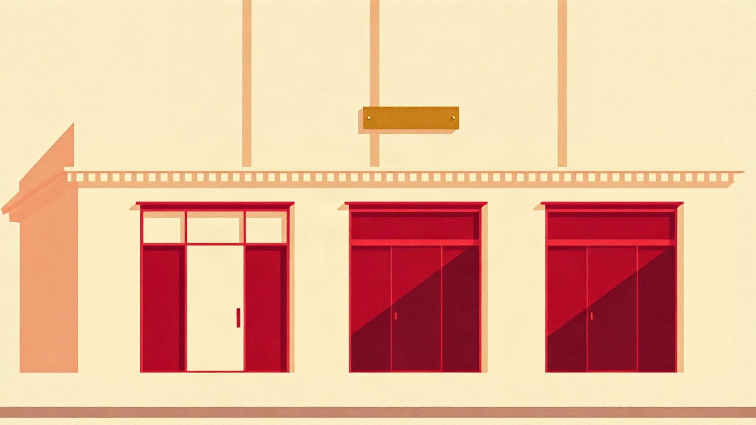 A pale paper theatre facade on a dark ground, the nameplate above its doors left blank and slightly askew