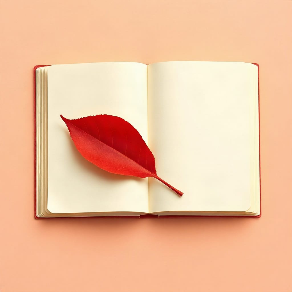 An open notebook of cream paper on a dusk blue ground, a single red paper leaf lying across its pages