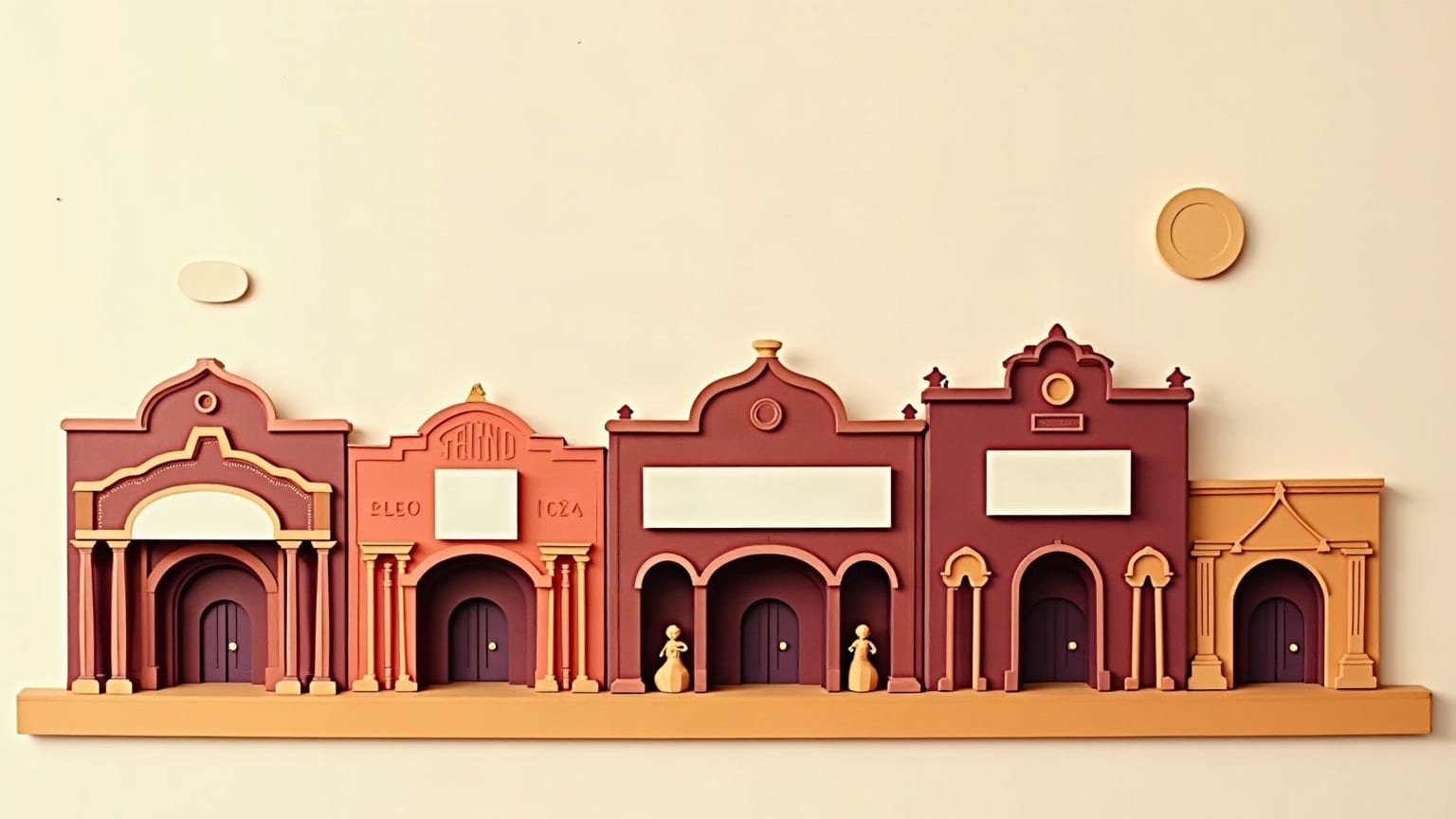 Cut-paper illustration: a row of theatre fronts of different heights, with columns, arched doors and canopies.