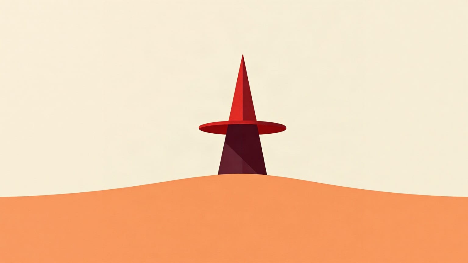 Cut-paper illustration: a tall pointed hat with a wide brim, alone on a flat horizon.